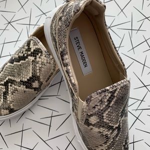 Steve Madden Snake Print Slip-On Sneakers in Beige and Black